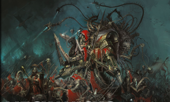 Members of the Adeptus Mechanicus stand on a blue backdrop robed in red, their machine limbs prominantly displayed.