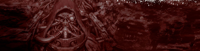 Image of a tech priest of mars in red relief.
